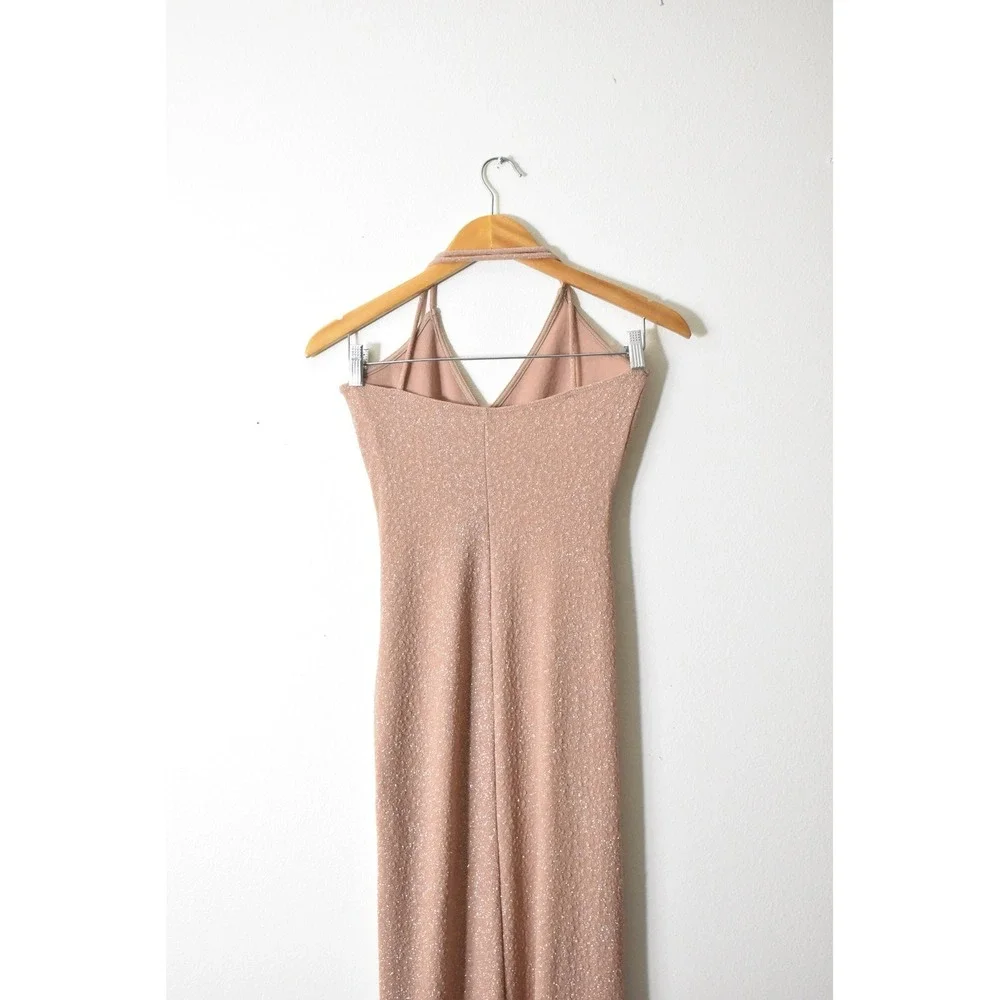 Halter Maxi Dress Womens Small Rose Gold Pink Shimmer 90s Ruched Slit Small